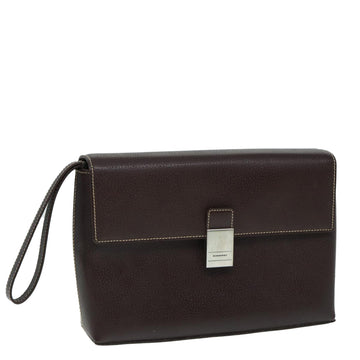 BURBERRY Clutch Bag Leather Brown Silver Auth 88564