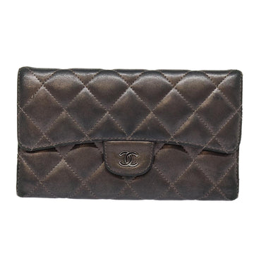 CHANEL Matelasse Wallet Leather Silver Gunmetal CC Auth 88726