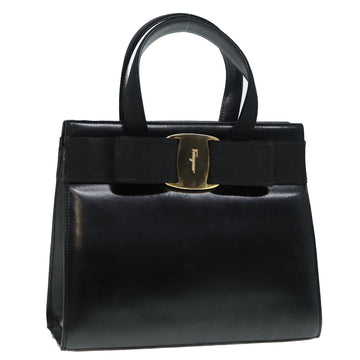 SALVATORE FERRAGAMO Vala Hand Bag Leather Black Gold Auth 89115