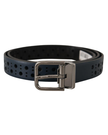 Dolce & Gabbana Men's Navy Blue Perforated Leather Skinny Metal Buckle Belt