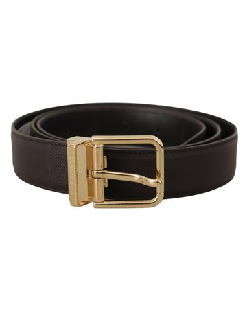 Dolce & Gabbana Men's Brown Calf Leather Gold Logo Metal Buckle Belt