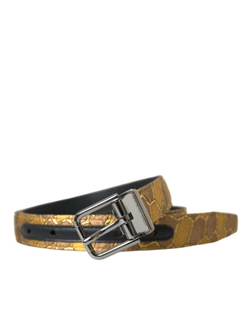 Dolce & Gabbana Men's Gold Leather Jacquard Silver Metal Buckle Belt