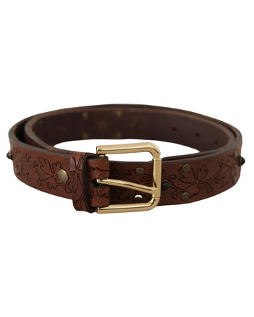 Dolce & Gabbana Men's Brown Leather Floral Studded Metal Buckle Belt