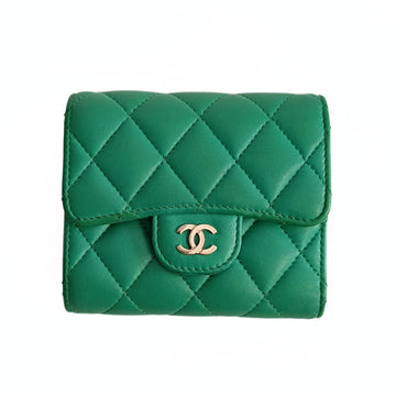 CHANEL compact trifold wallet in green leather