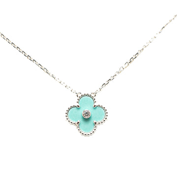 Van Cleef and Arpels Holiday 18K White Gold Diamond with Celadon Alhambra Pendant Necklace