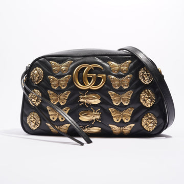 Gucci Womens Animal Studs GG Marmont Zip Bag Black Leather Small