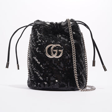 Gucci Womens GG Marmont Bucket Bag Black Leather / Sequin Mini