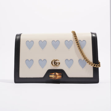 Gucci Womens Diana Mini Bag With Bamboo / White / Baby Blue Hearts