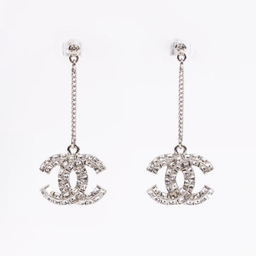 Chanel Womens CC Drop Earrings Silver