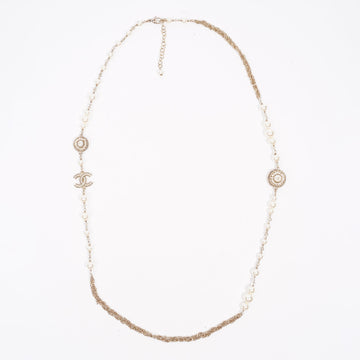 Chanel Womens Long Pearl CC Necklace Silver OS
