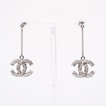 Chanel Womens CC Drop Earrings Silver