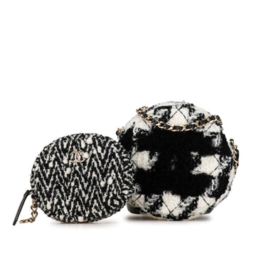 CHANEL Shearling Tweed Round Clutch With Chain and Coin Purse Crossbody Bag