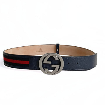 GUCCI Web palladium belt in blue leather and canvas