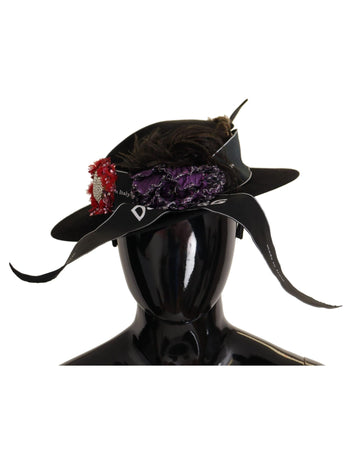 Dolce & Gabbana Women's Black Lapil Crystal Heart Feather Brooch Fedora Hat