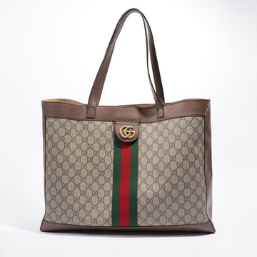 Gucci Ophidia Tote Beige And Ebony GG Supreme / Brown Leather / Red And Green Web Coated Canvas Large