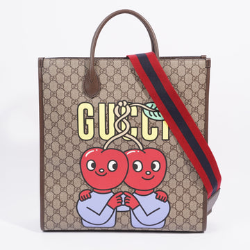 Gucci Cherry Marilyn Monroe Quoted Tote Brown GG Supreme / Red / Yellow Coated Canvas