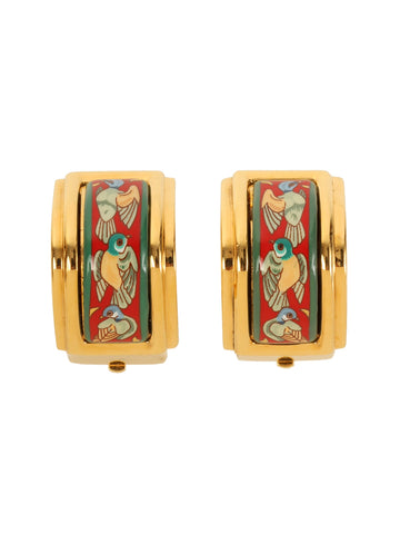 HERMES Enamel Earrings Gold/Green/Red