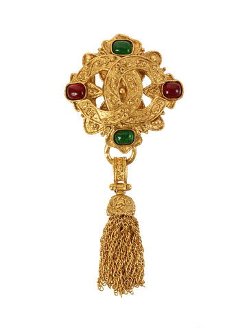 CHANEL 1994 Made Gripoix Design Cutout Fringe Cc Mark Brooch Gold/Green/Red
