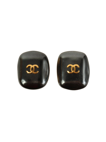 CHANEL 1995 Made Square Stone Cc Mark Earrings Black/Gold