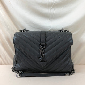 Yves Saint Laurent Dark Grey Medium Sheepskin Matelasse Chevron College 2-Ways Bag Sku# 73385