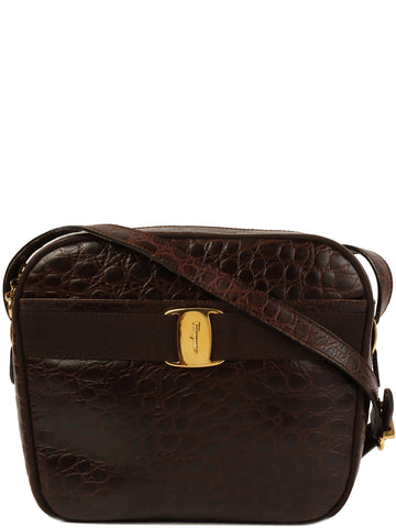 SALVATORE FERRAGAMO Crocodile Pattern Vara Plate Shoulder Bag Dark Brown