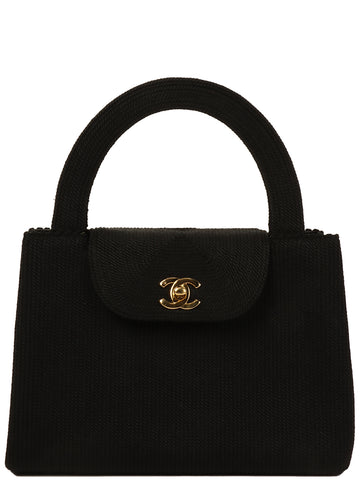 CHANEL Around 1998 Made Cotton Turn-Lock Top Handle Bag Black