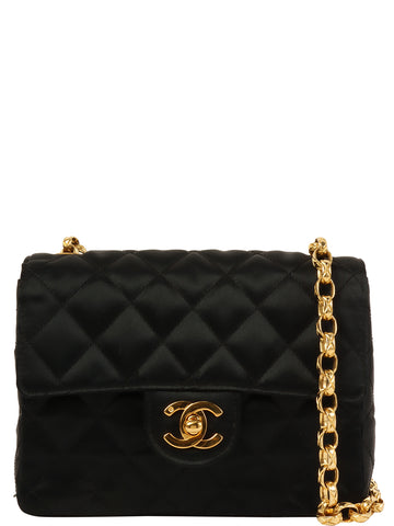 CHANEL Around 1990 Made Silk Satin Classic Flap Bijoux Chain Mini Black