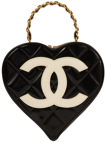 CHANEL Around 1995 Made Patent Heart Cc Mark Stitch Vanity Black/White