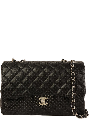 CHANEL Around 2007 Punching Leather Turn-Lock Chain Shoulder Bag Black