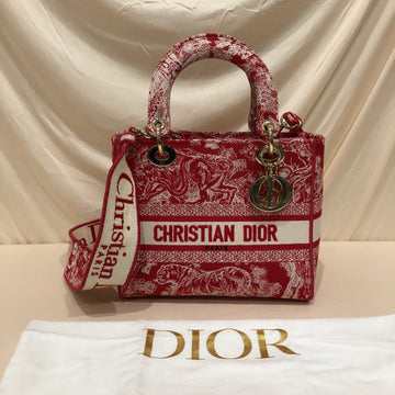 CHRISTIAN DIOR Dior Red Embroidered Canvas Lady D-Lite Medium Tote Bag Sku# 75131