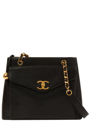 CHANEL Around 1995 Made Caviar Skin Matelasse Plate Chain Tote Bag Black