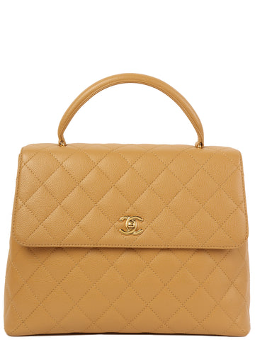 CHANEL Around 2003 Made Caviar Skin Matelasse Plate Hand Bag Beige