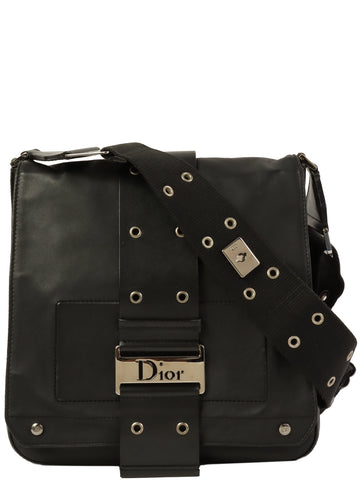 DIOR Leather Logo Plate Shoulder Bag Black