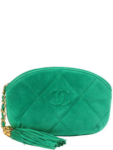 CHANEL Around 1990 Made Suede Cc Mark Stitch Tassel Clutch Bag Cobalt Green