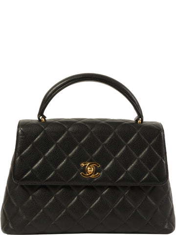 CHANEL Around 1997 Made Caviar Skin Turn-Lock Top Handle Bag Black