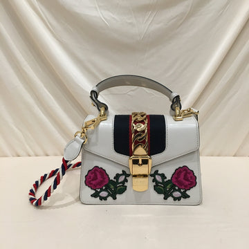 Gucci White Calfskin Floral Mini Slyvie Special Edition Top Handle Bag Sku# 73845