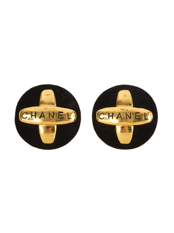 CHANEL 1994 Made Round Logo Earrings Black/Gold