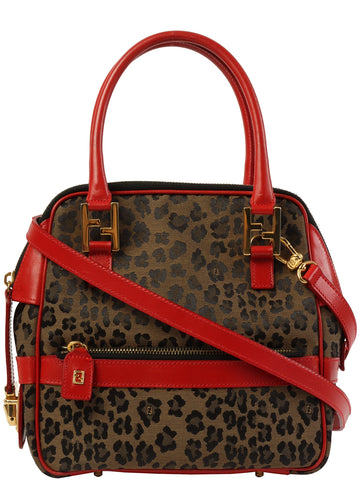 FENDI Leopard Pattern Logo Plate 2Wat Bag Brown/Red