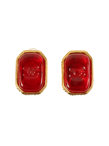 CHANEL 1993 Made Gripoix Octagon Cc Mark Earrings Gold/Red