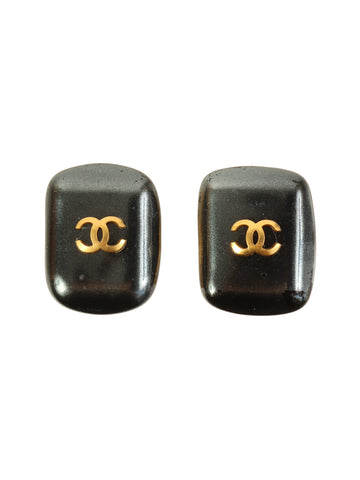 CHANEL 1995 Made Square Stone Cc Mark Earrings Gold/Black