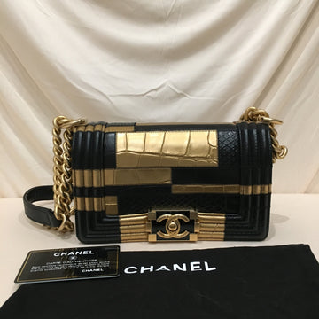 Chanel Black Gold Crocodile Python Embossed Small Boy Shoulder Bag Sku# 73880