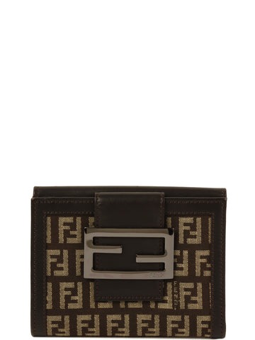 FENDI Zucchino Pattern Logo Plate Wallet Brown