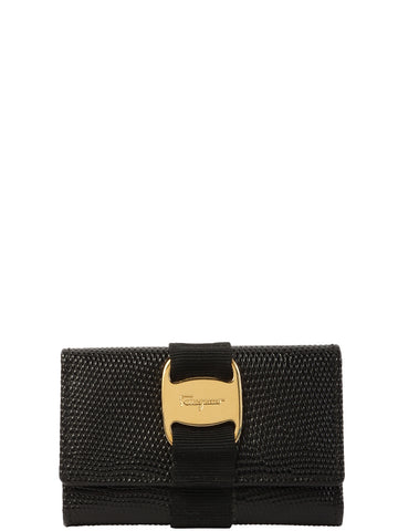 SALVATORE FERRAGAMO Lizard Pattern Vara Plate Key Case Black