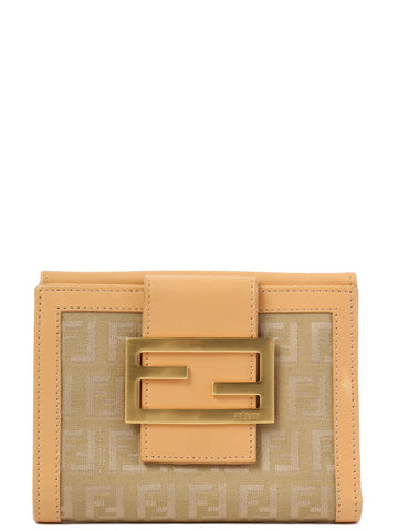 FENDI Zucchino Patten Logo Plate Wallet Beige