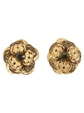 CHANEL 2001 Made Rhinestone Camellia Motif Cc Mark Earrings Gold/Green