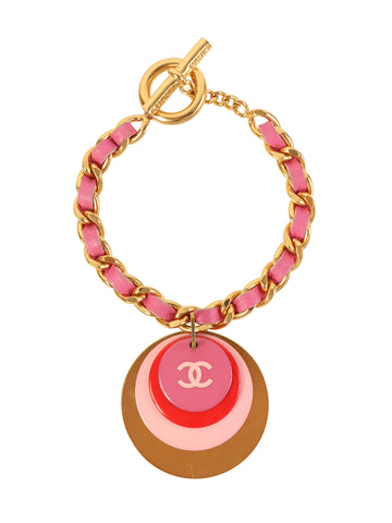 CHANEL 2001 Made Round Cc Mark Plate Chain Braclet Gold/Pink/Red