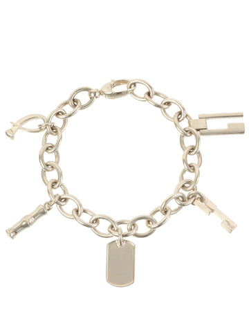 GUCCI 925 Logo Plate Multi Charm Chain Bracelet Silver