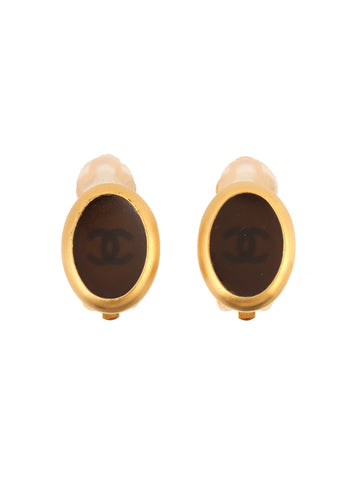 CHANEL 1999 Made Mini Oval Cc Mark Earrings Gold/Brown