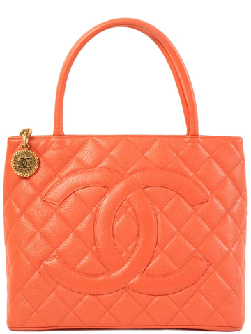 CHANEL Around 2003 Made Caviar Skin Cc Mark Stitch Revival Tote Bag Coral Pink
