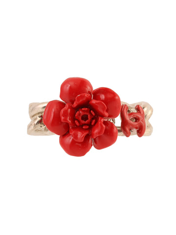 CHANEL 2004 Made Camellia Motif Ring Red/Silver